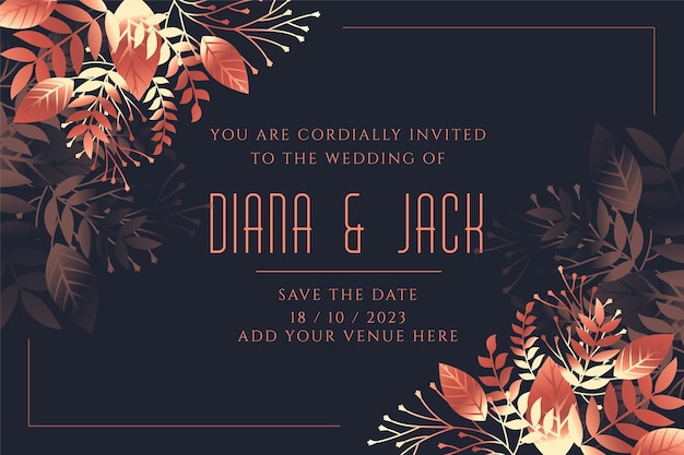 Wedding card invitation template in leaves style