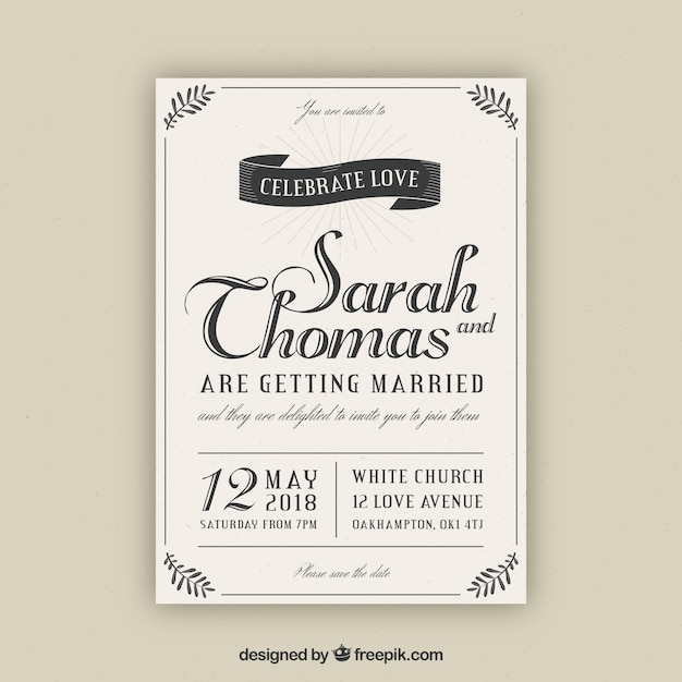 Free vector wedding card invitation with vintage style