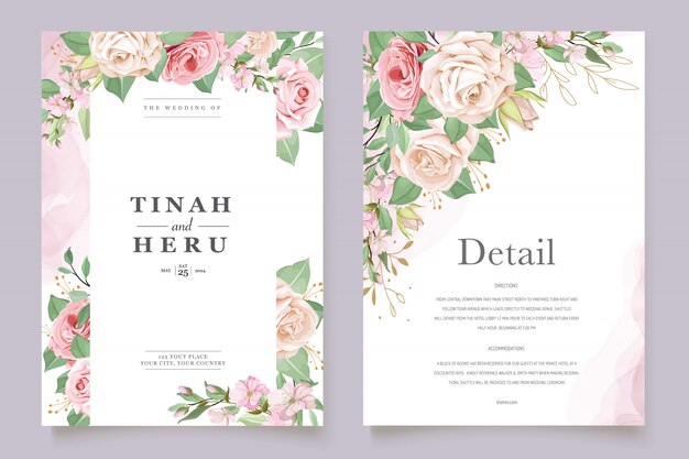 美しい花の花輪を持つ結婚式カードテンプレート