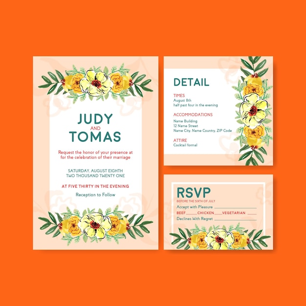 Wedding card template with brush florals concept design for invitation and marry watercolor