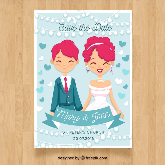 Free vector wedding card template with flat characters