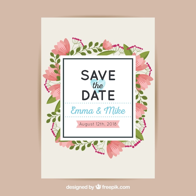 Free vector wedding card template with flat flowers