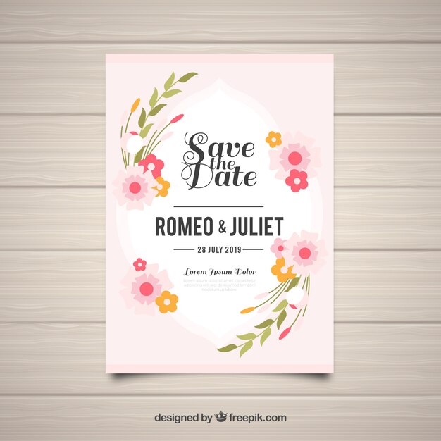 wedding card template with flat flowers