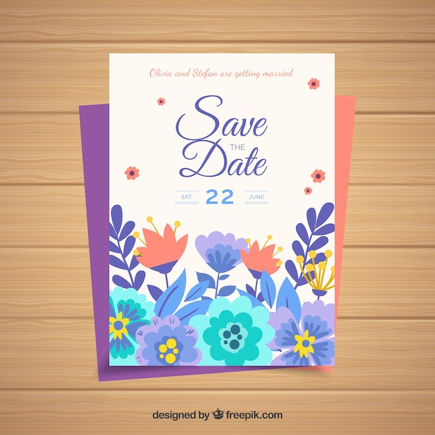 Wedding card template with flat flowers