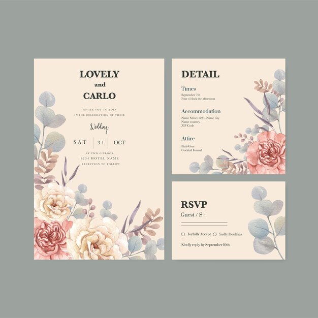 Wedding card template with floral feather boho conceptwatercolor stylexA