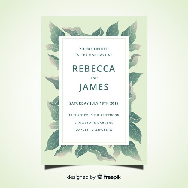 wedding card template with hand drawn leaves
