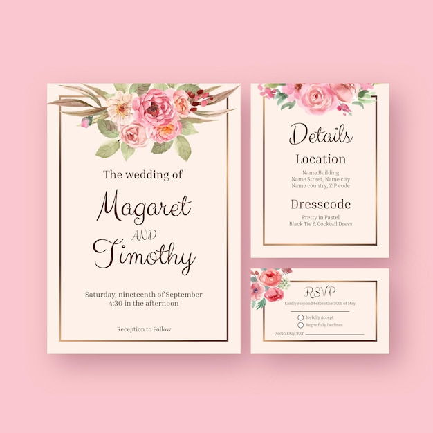Wedding card template with love blooming concept design watercolor illustration