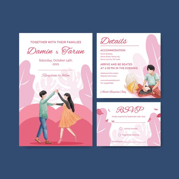 Wedding card template with paradise love concept design for invitation watercolor illustration