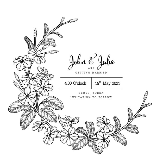 шаблон свадебной открытки с цветочными рисунками Plumbago auriculata (Cape Leadwort)