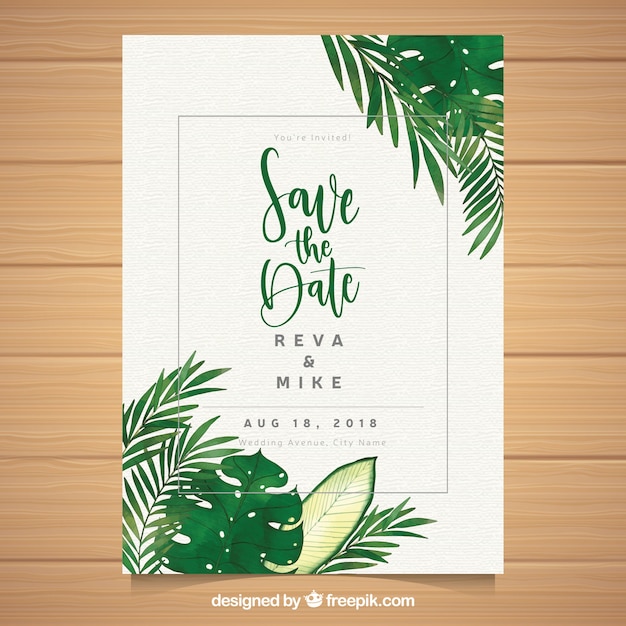 Free vector wedding card template with watercolor leaves