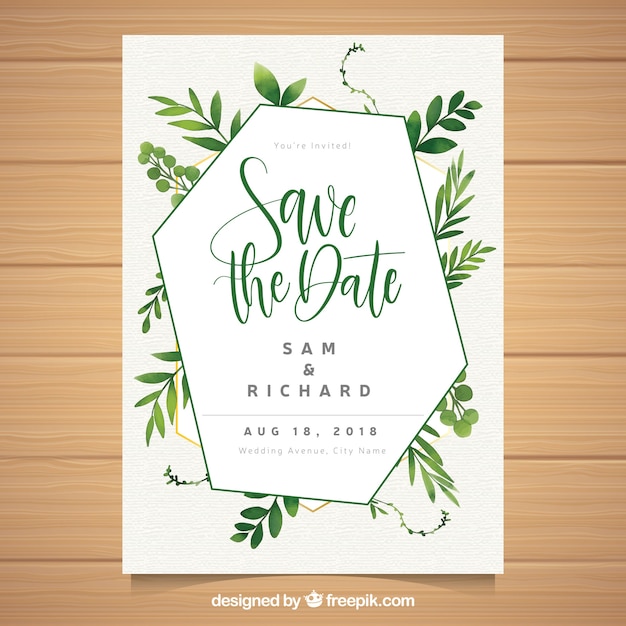 Free vector wedding card template with watercolor leaves