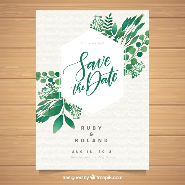 Wedding card template with watercolor leaves