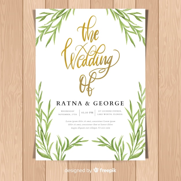 Wedding card template with watercolor leaves