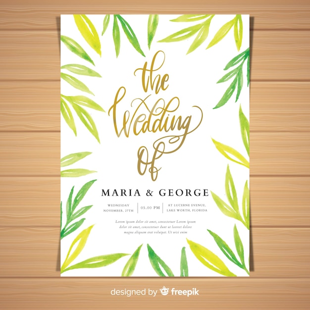 Wedding card template with watercolor leaves