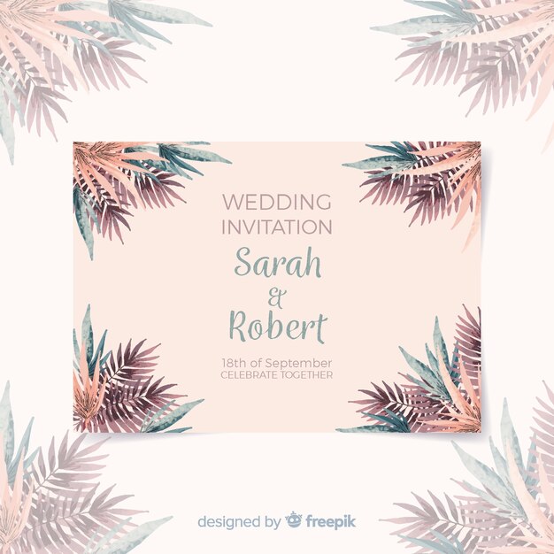 Wedding card template with watercolor tropical leaves