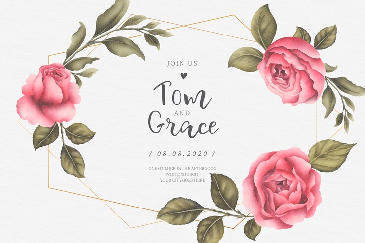 Free Vector wedding card with beautiful pink peonies and leaves