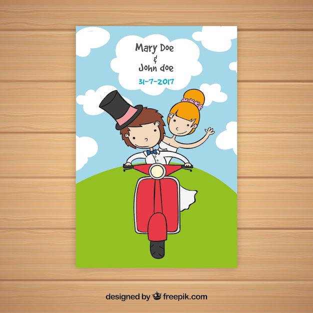 Free vector wedding card with couple on a motorcycle