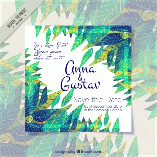 Free vector wedding card with decorative hand-painted leaves