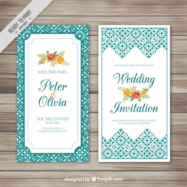 Free vector wedding card with flowers and ornaments