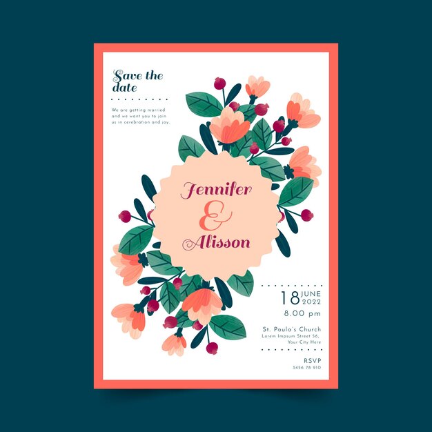 Free vector wedding card with hand drawn flowers