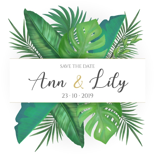 Wedding card with tropical leaves