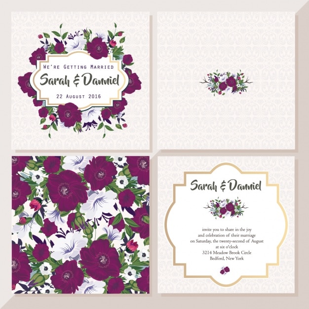 Free vector wedding card with violet flowers
