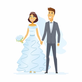 Wedding - cartoon people characters isolated illustration on white background. happy newly married couple holding hands. a pretty woman in a beautiful white dress, handsome man wearing a suit