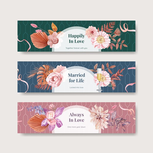 Free vector wedding celebration banner templates set in watercolor style