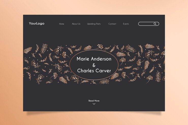Free Vector wedding celebration landing page with hand drawn golden floral elements 