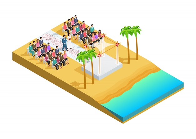 Wedding ceremony on a beach side isometric composition 