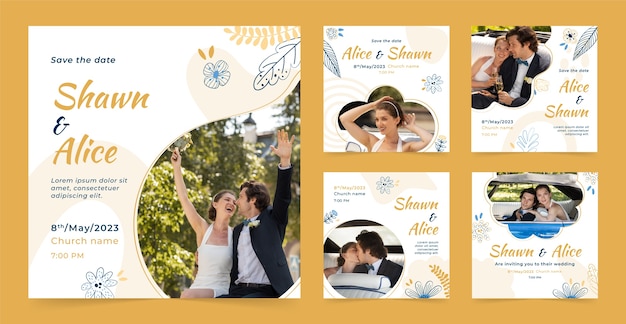 Free vector wedding ceremony instagram posts collection