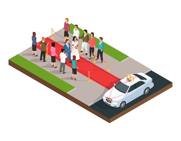 Free vector wedding ceremony isometric composition with just married couple on the red carpet