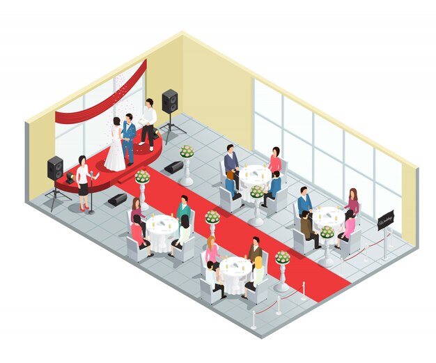 Wedding ceremony in restaurant isometric composition 