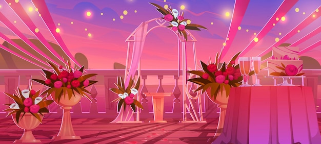 Бесплатное векторное изображение Сцена свадебной церемонии на морском пляже при заходе солнца