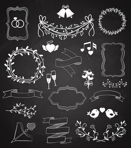 Wedding chalkboard elements and Ribbons set with Arrow  hearts  frames  wreaths  swags  bells  birds  champagne  floral border  banner  ribbon  and rings   vector outline sketches