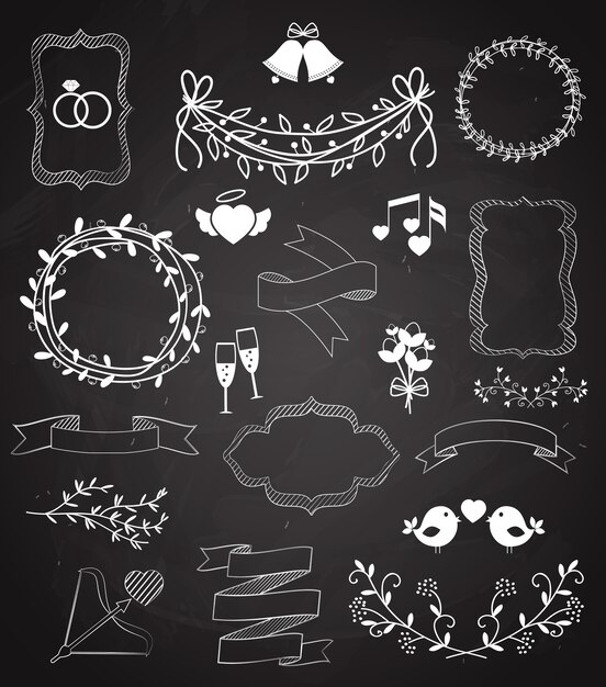 Wedding chalkboard elements and Ribbons set with Arrow  hearts  frames  wreaths  swags  bells  birds  champagne  floral border  banner  ribbon  and rings   vector outline sketches