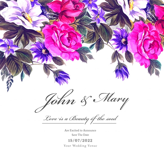 Free vector wedding colorful flowers with invite invitation card template