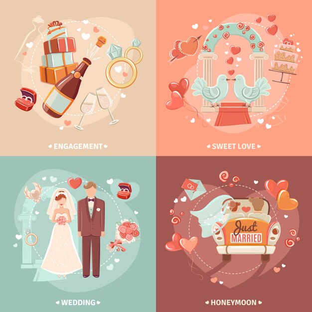 Free Vector wedding concept 4 flat icons square 