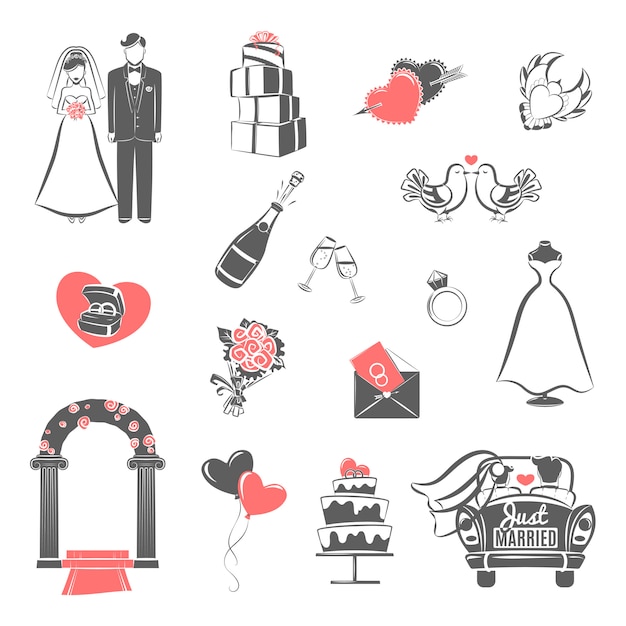 Концепция свадьбы черный красный набор значков