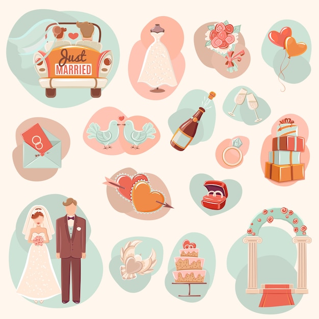 Wedding concept flat icons set