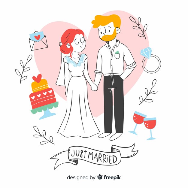 結婚式のカップルの手描きスタイル