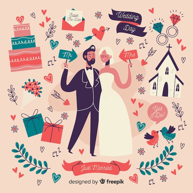 Бесплатное векторное изображение Свадебная пара рисованной стиль