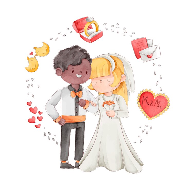 Free Vector wedding couple watercolor illustration with frame