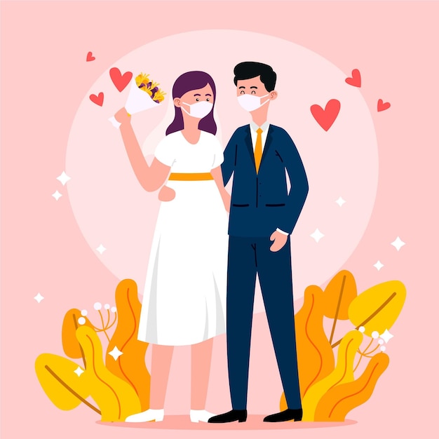 Free vector wedding couple wearing face masks