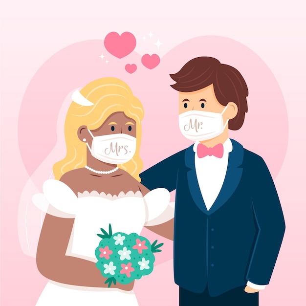 Wedding couple wearing face masks Free Vector Download