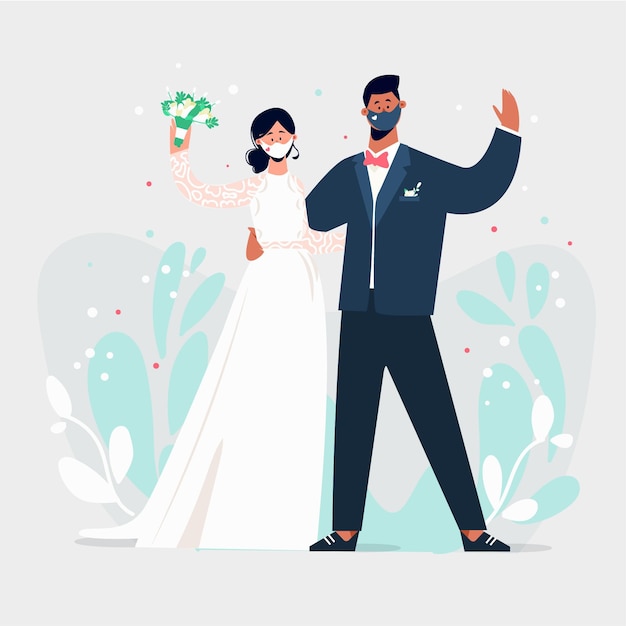 Free vector wedding couple wearing face masks