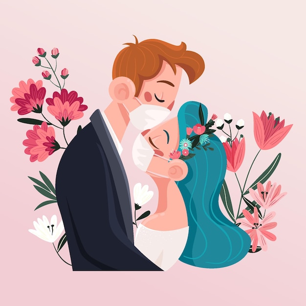 Free vector wedding couple wearing face masks