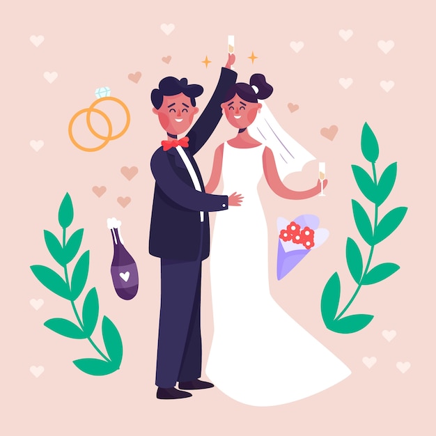 無料ベクター リングと葉の結婚式のカップル