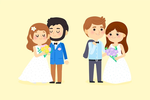 Free vector wedding couples cartoon style