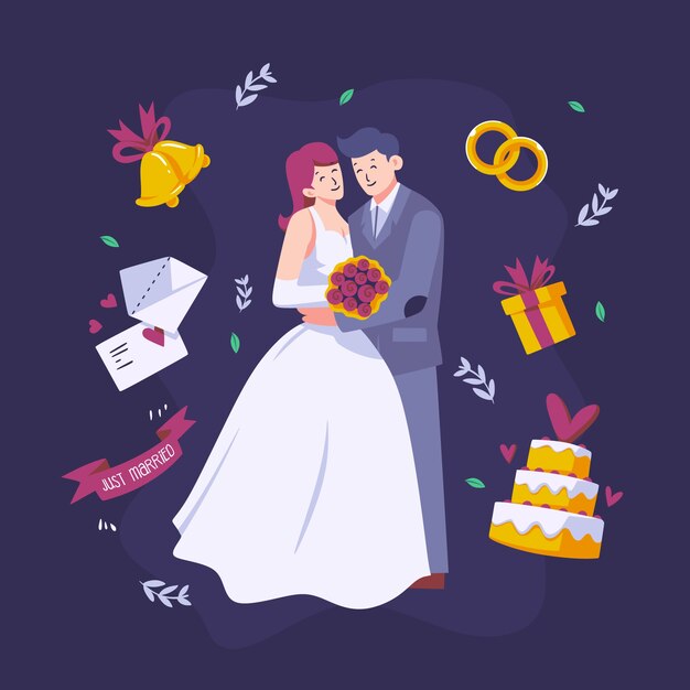 フラットなデザインの結婚式のカップル